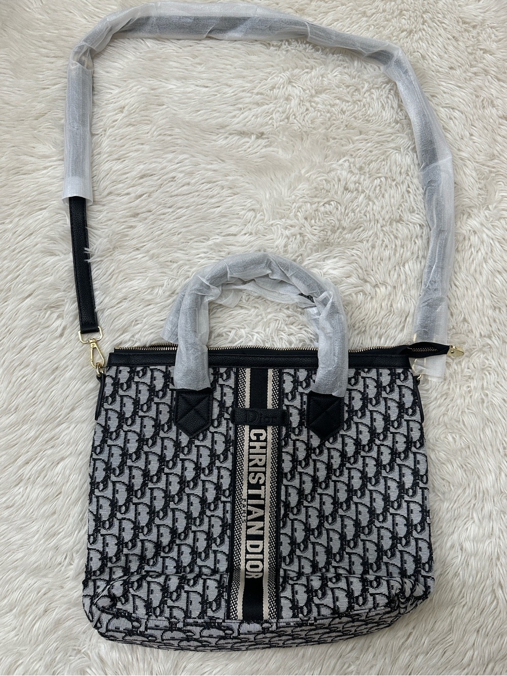 D U P e D i OR  Black & Gray Signature Canvas Tote with Center Stripe logo